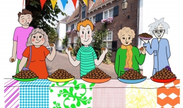 Een illustratie uit het boek met de feesttafel van professor Bitter.