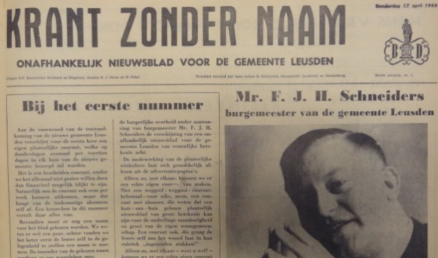 Deel van de voorpagina van de allereerste Leusder Krant (toen nog 'Krant zonder naam'.