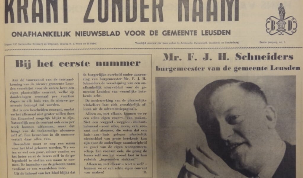 Deel van de voorpagina van de allereerste Leusder Krant (toen nog 'Krant zonder naam'. 