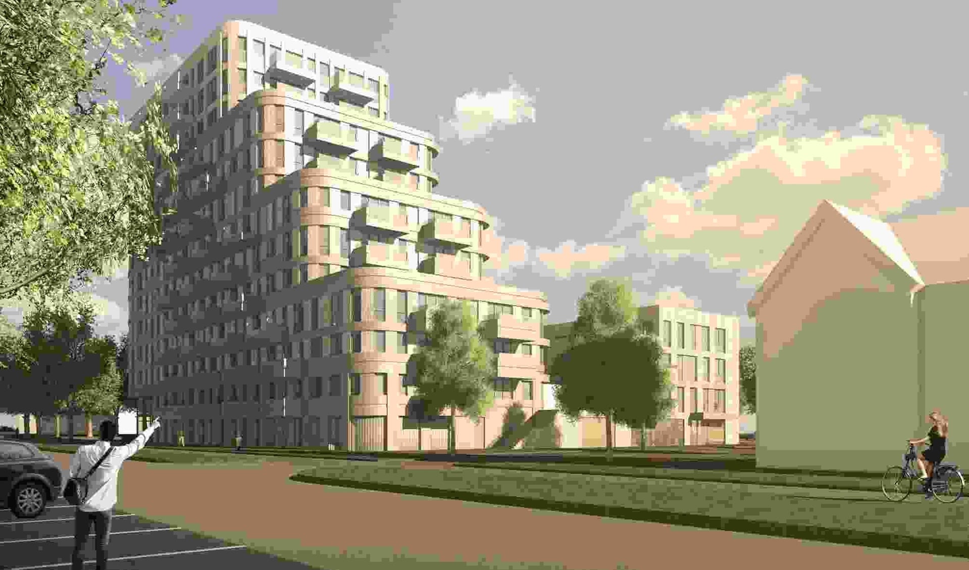 Het voorlopige ontwerp van het appartementengebouw dat aan de Startbaan moet verrijzen.
