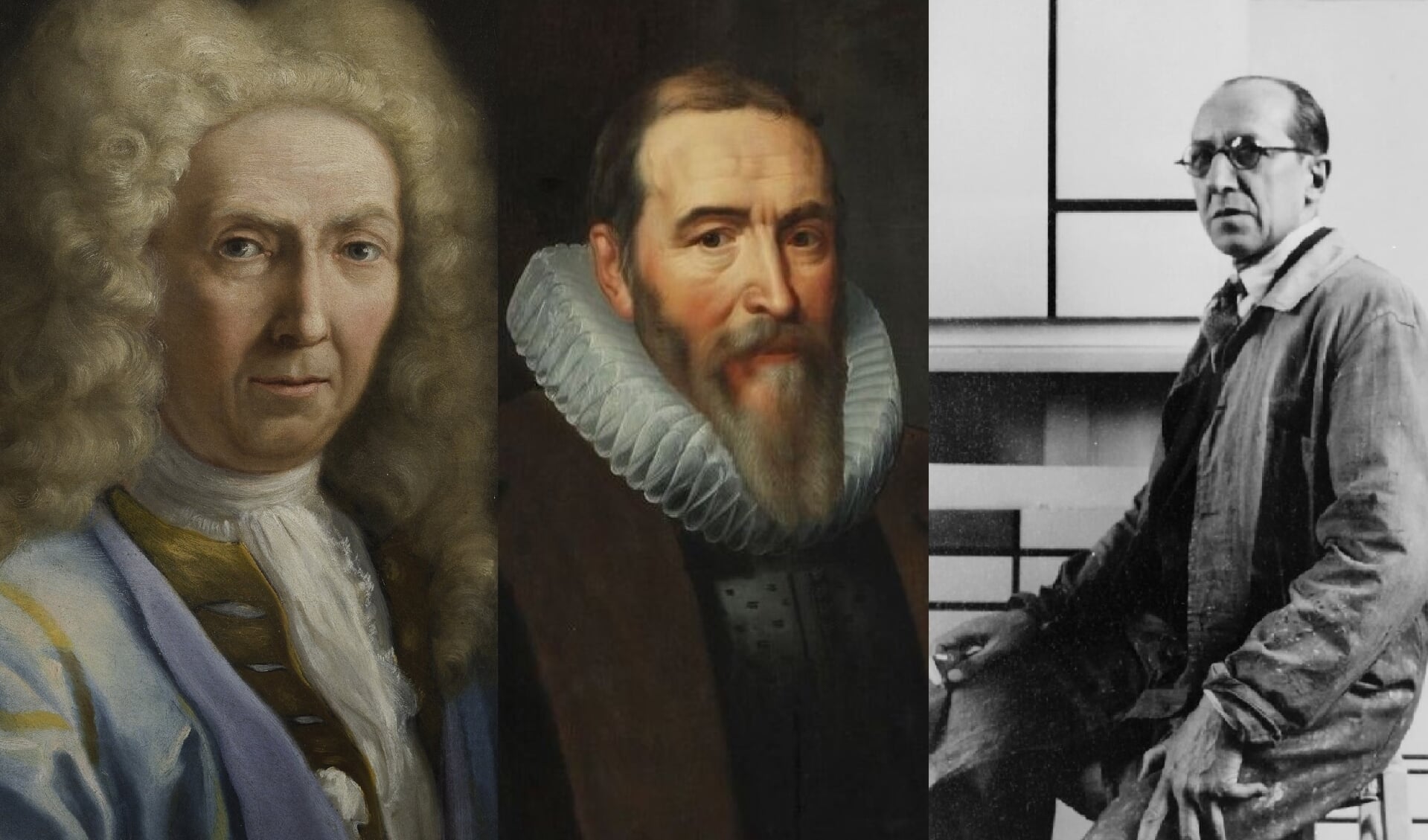 Drie in Amersfoort geboren beroemdheden: Caspar van Wittel, Johan van Oldenbarnevelt en Piet  Mondriaan (v.l.n.r.)