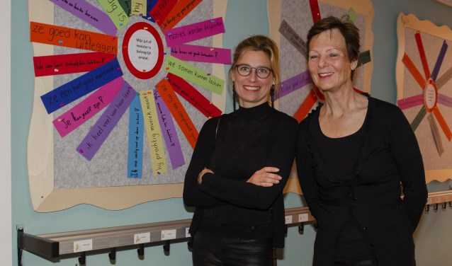 Eline Dekker en Lieke Becht in de hal voor het 'verkeersbord'