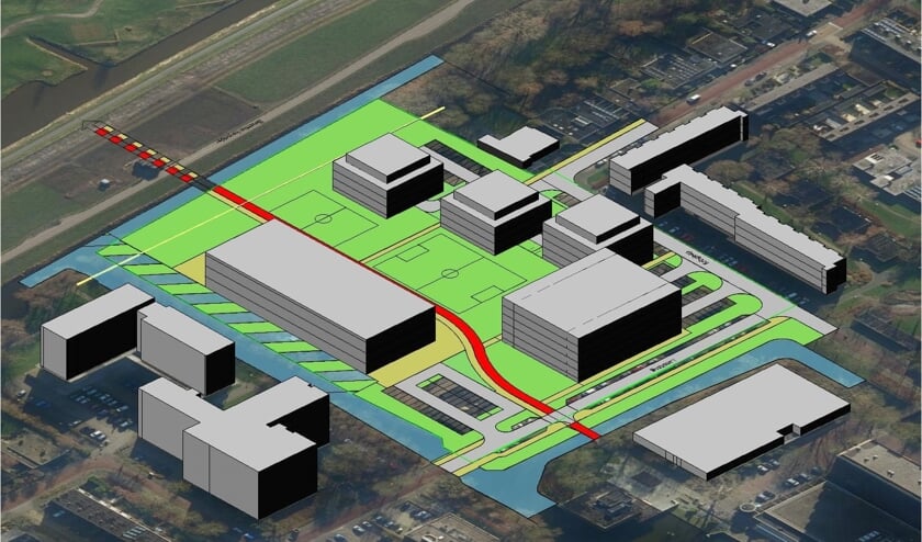 Model met het scholencluster en vier woongebouwen.
