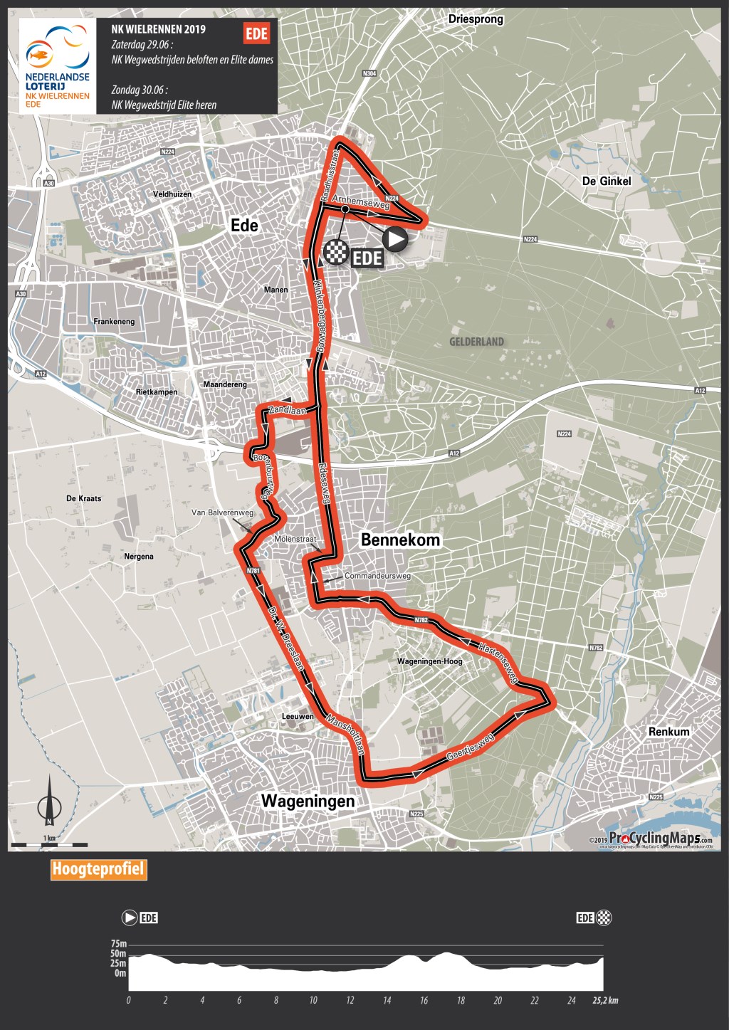 Het parcours van de wegwedstrijd van het NK Wielrennen in Ede.