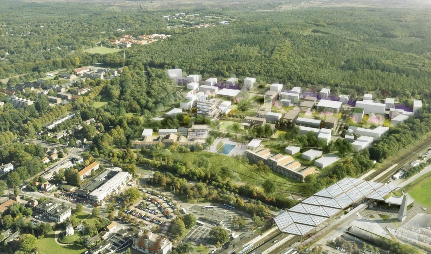Een luchtfoto met rechtsonder een artistieke impressie van het nieuwe station Ede-Wageningen en daarboven het World Food Center.