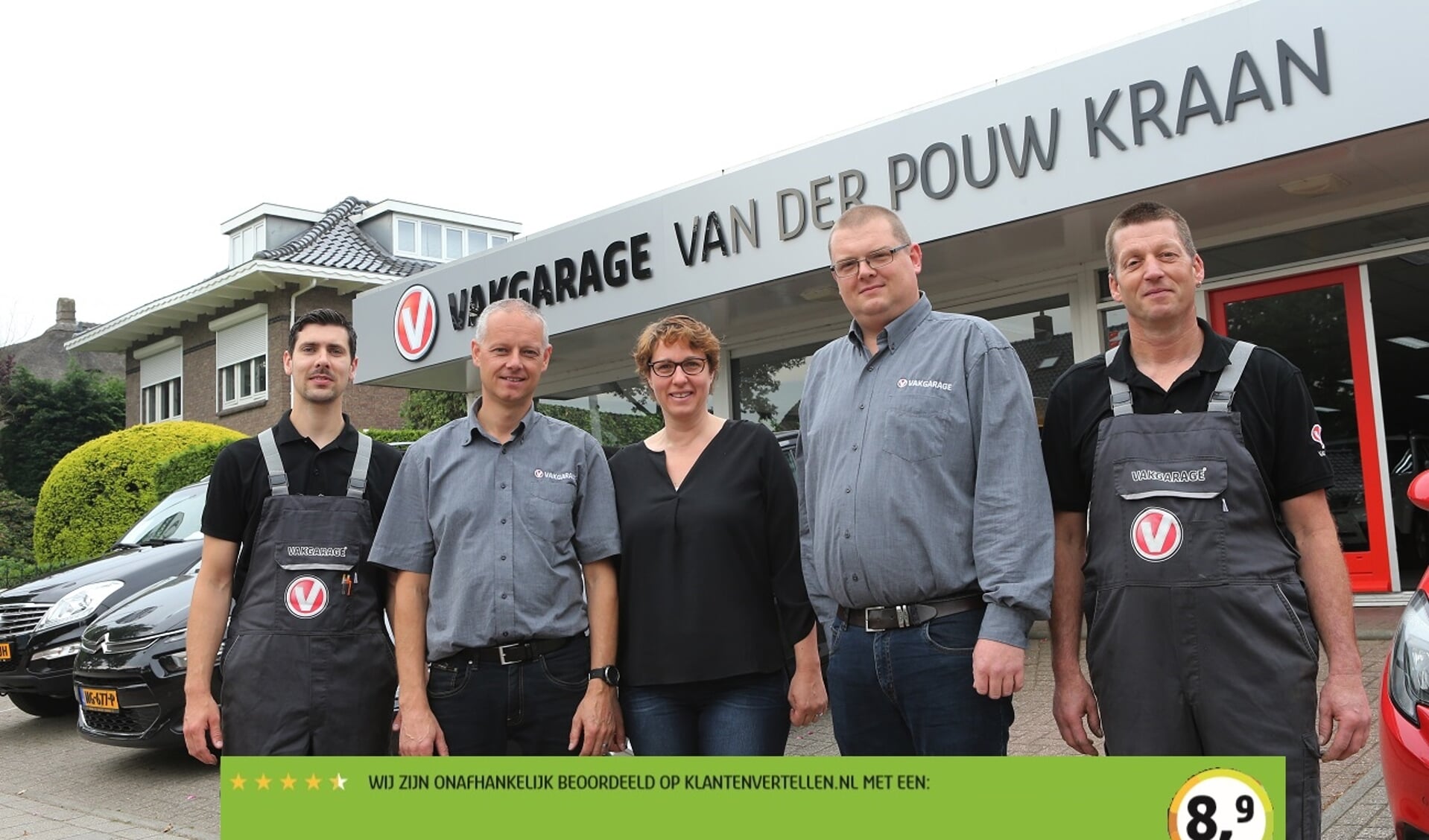 Het team van Vakgarage Van der Pouw Kraan. V.l.n.r.: Rutger, Marco, Gabriella, Daniël en Sylvio.