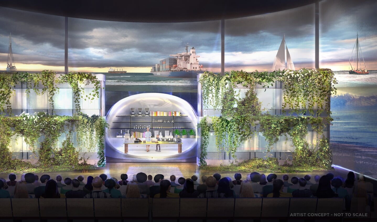 Een artistieke impressie van een theater met liveshows en 3D-projecties in de World Food Center Experience.