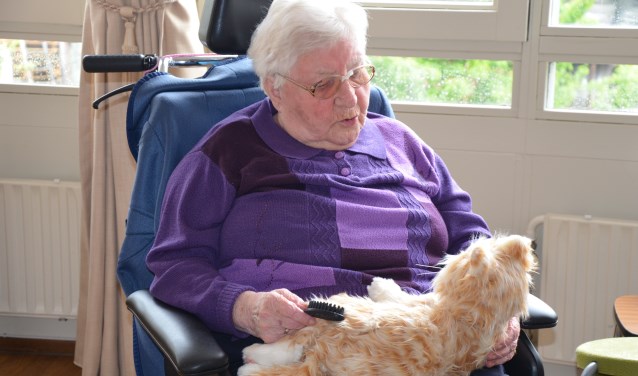 Mevrouw Seelen laat zien hoe de robotpoes werkt
