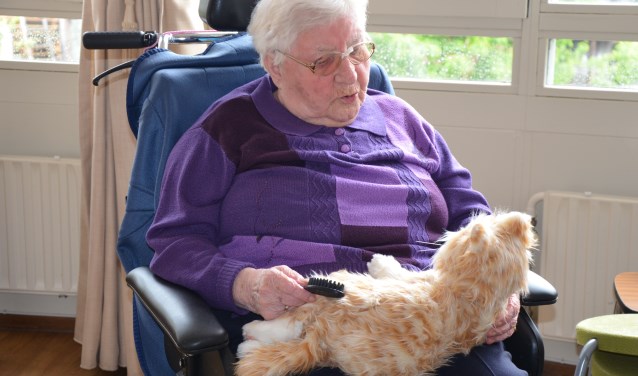 Mevrouw Seelen laat zien hoe de robotpoes werkt