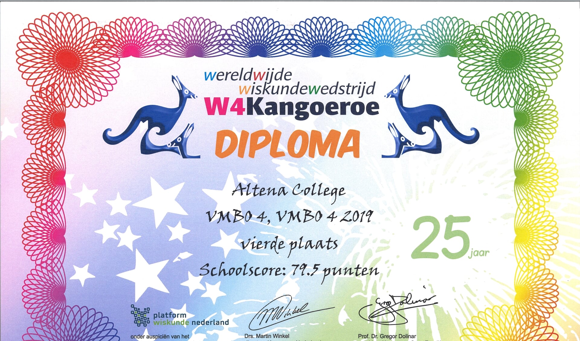 Diploma W4 Kangoeroe wiskunde wedstrijd