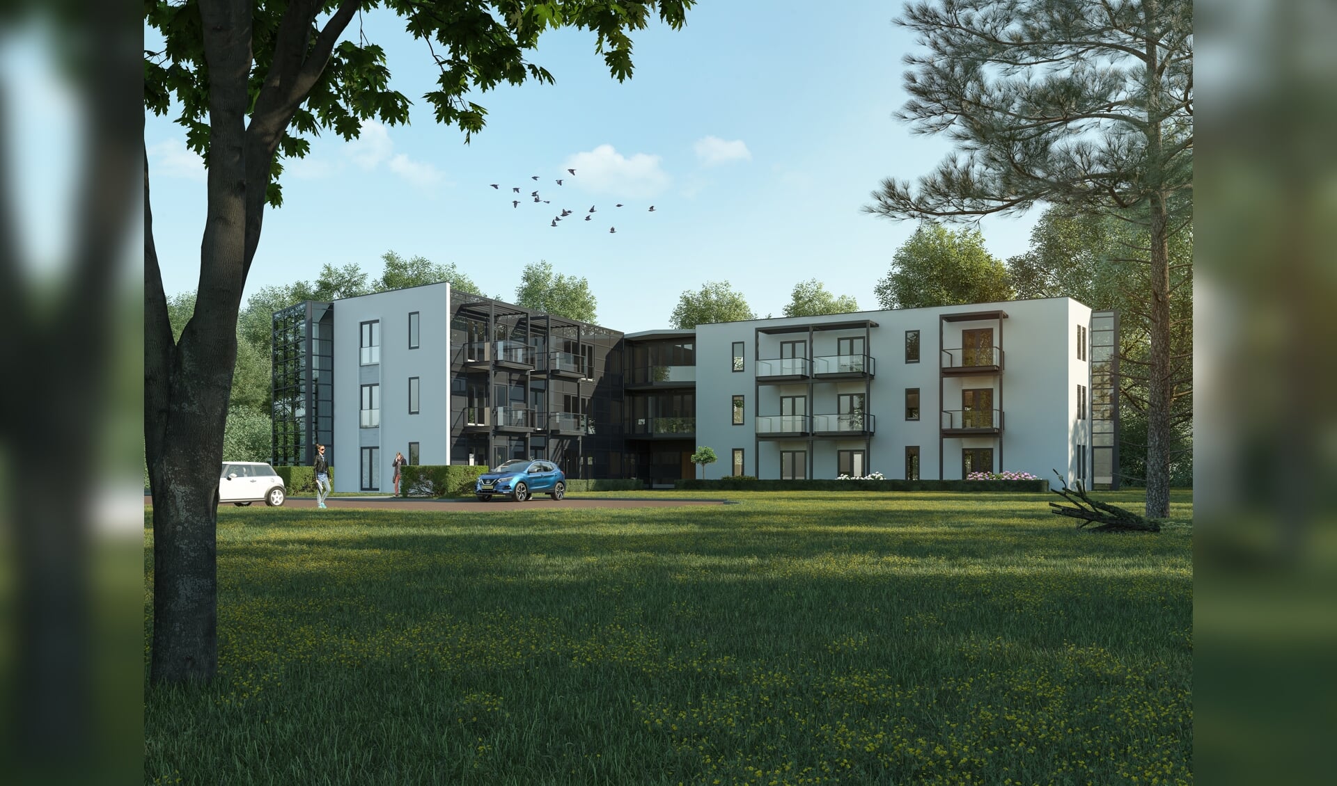Een artist impression van wooncomplex Wij WitteSteyn: 36 huurappartementen naast landgoed Geerestein in Woudenberg.
