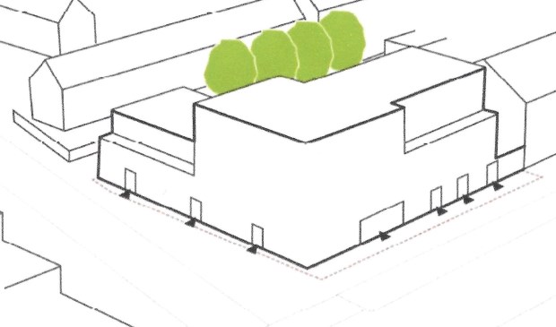 Ontwerp van een appartementencomplex op de hoek van de Meridiaan (rechts) en de Keerkring (links).