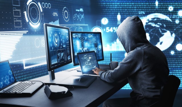 Side view of hacker using computer with digital interface while sitting at desk of blurry interior. Hacking and malware concept. 3D Rendering
