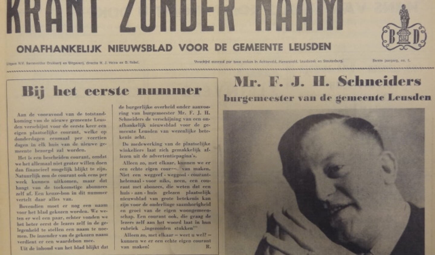 De eerste editie van de Leusder Krant verscheen 50 jaar geleden nog als 'Krant zonder naam'. 