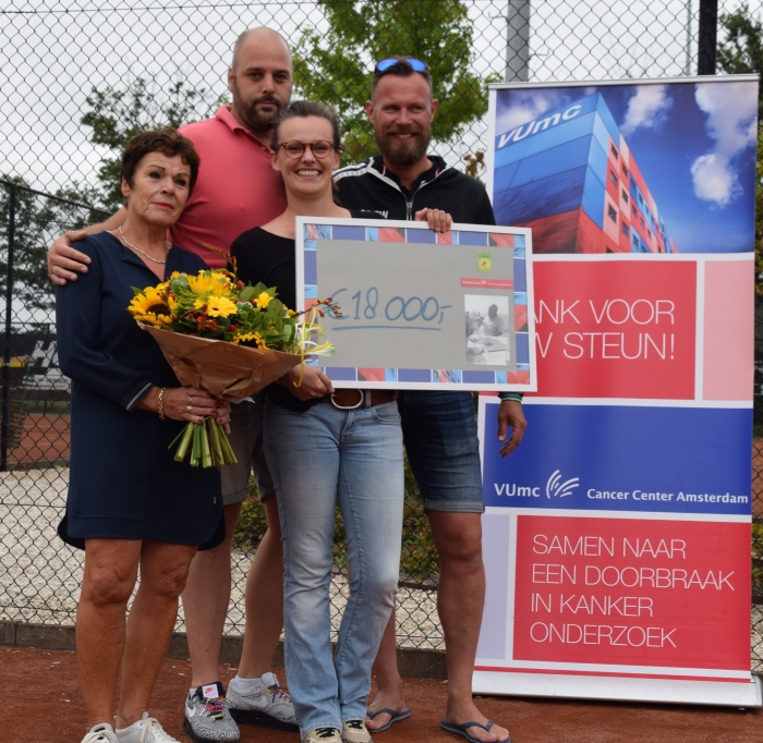 Annemiek, Ruben, Mirthe en Marc met de cheque