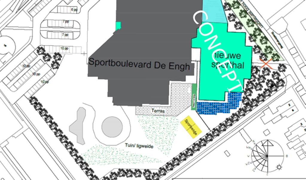 Het conceptplan ziet er op papier zo uit. Het groene vlak beeldt de beoogde sporthal naast Sportboulevard de Eng uit.
