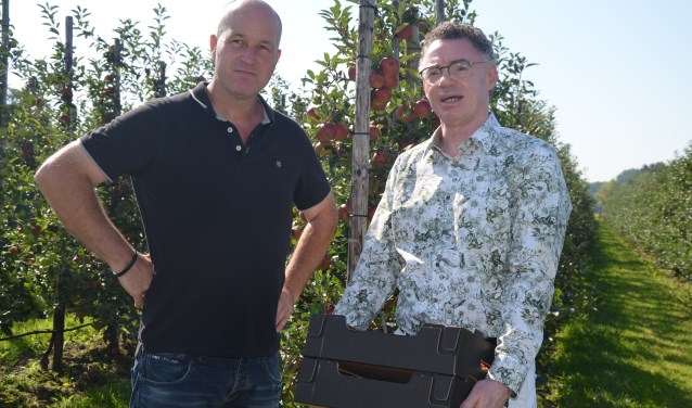 Cornelis Uijttewaal overhandigt het kistje appels aan burgemeester Gilbert Isabella