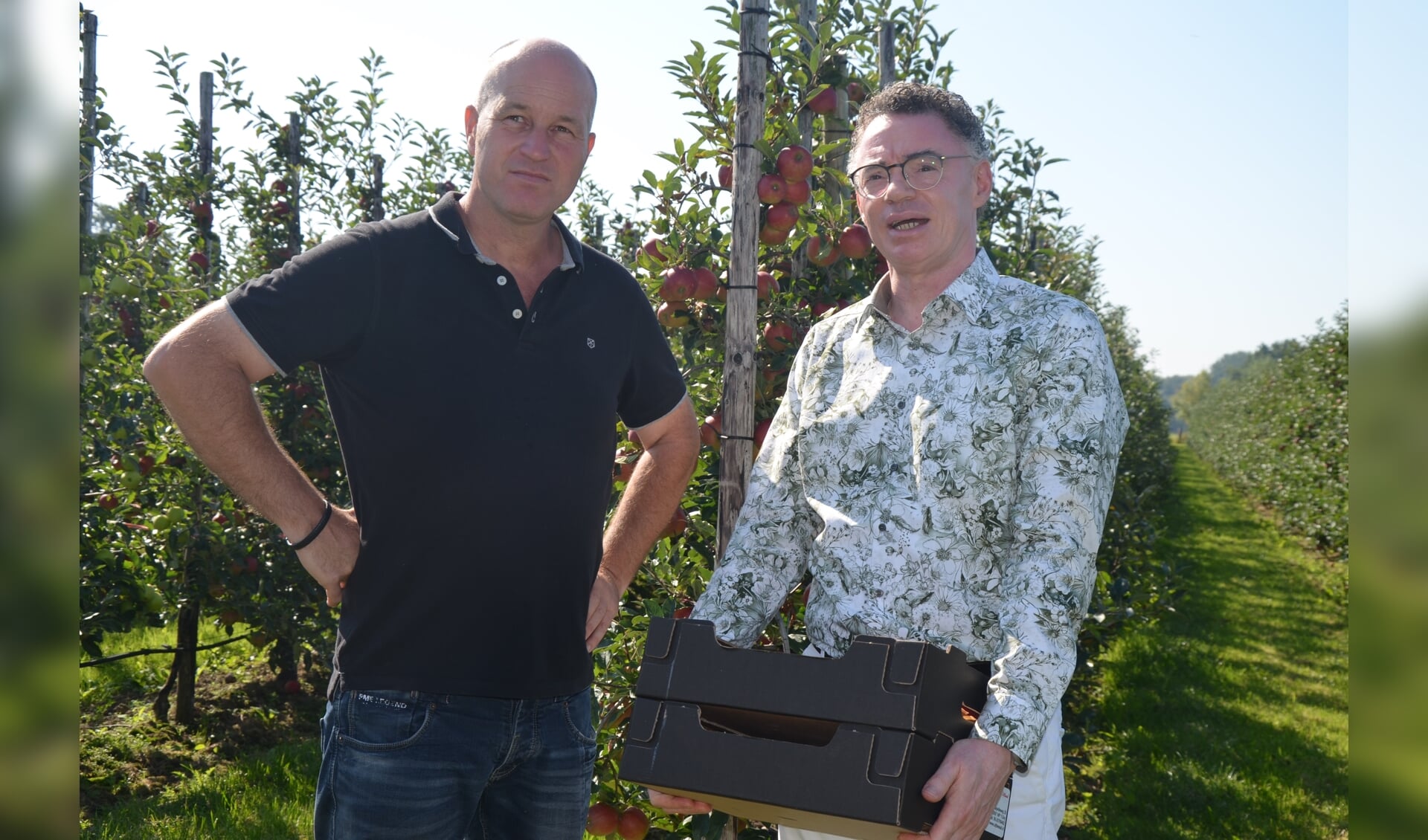 Cornelis Uijttewaal overhandigt het kistje appels aan burgemeester Gilbert Isabella