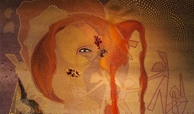 Detail van een werk van Jeannette Winters, volledig opgebouwd uit druppels verf, een uitdrukkingsvorm bekend van de Aboriginals.