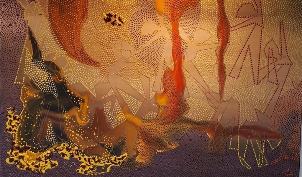 Detail van een werk van Jeannette Winters, volledig opgebouwd uit druppels verf, een uitdrukkingsvorm bekend van de Aboriginals.