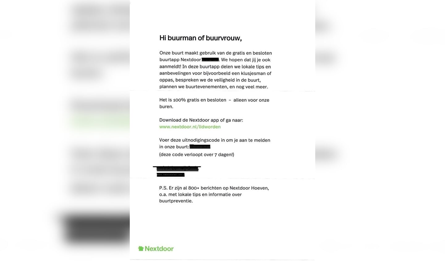 Een dergelijke brief van Nextdoor viel vorige week, net als in 2019, bij een aantal inwoners van Houten op de deurmat