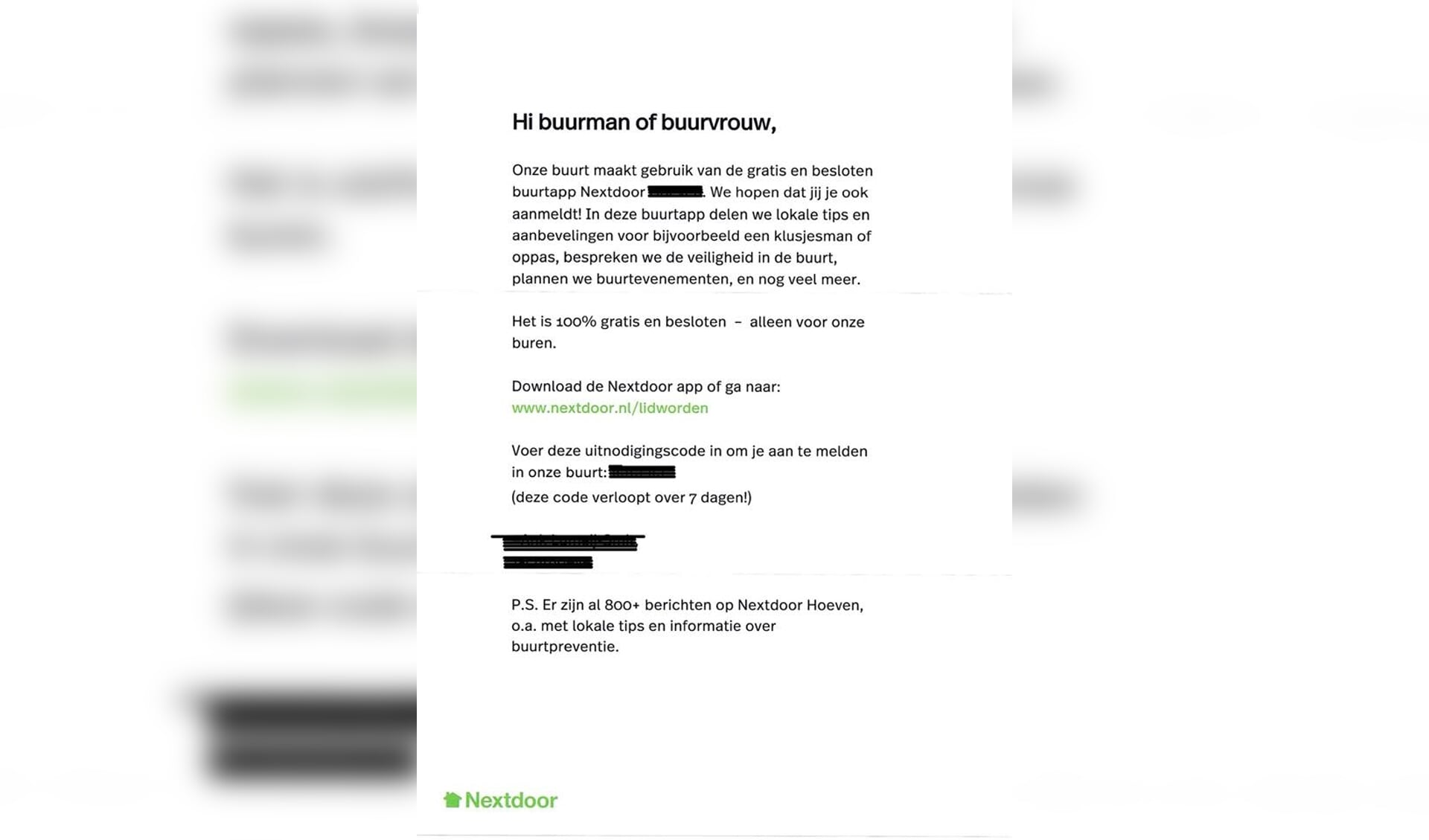 Deze brief van Nextdoor viel afgelopen tijd bij veel inwoners van Houten op de deurmat
