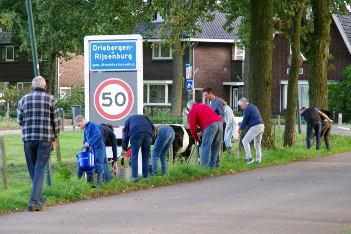 Jong en oud werken samen om de bollen in de grond te krijgen.