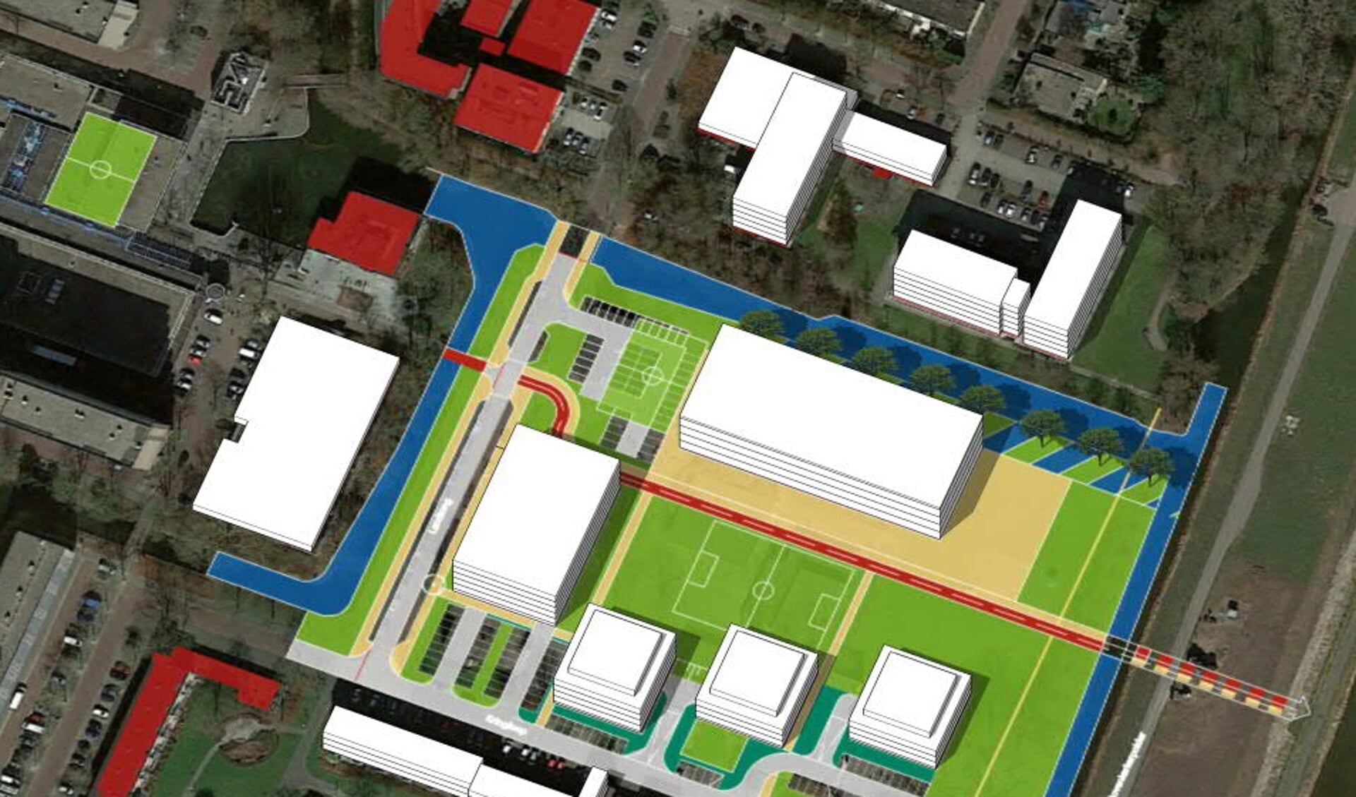 Het plan voor Landtong betreft het groene gebied. Daar komen een nieuw schoolgebouw en vier woongebouwen.