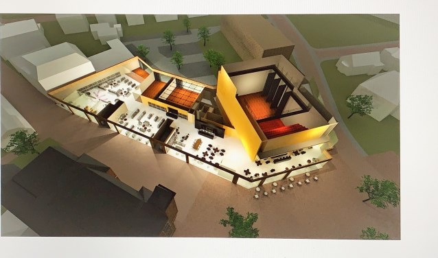 Inkijkje in de maquette. Rechts het theater, links de bibliotheek.