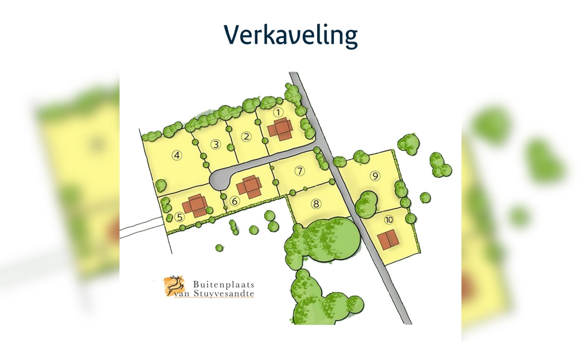 Een schets van de indeling van het voormalige recreatieterrein De Paalhoeve in Kootwijk waar dertien woningen verrijzen: 'buitenplaats van Stuyvesandte’.