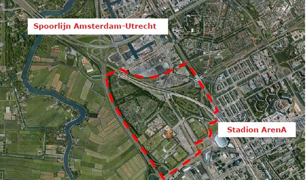 Luchtfoto met contouren plangebied De Nieuwe Kern.