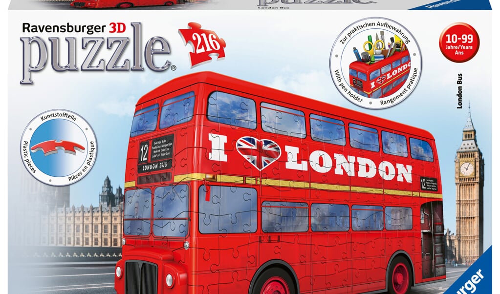 De 3D puzzel van de bekende Londense, rode dubbeldekker bus.