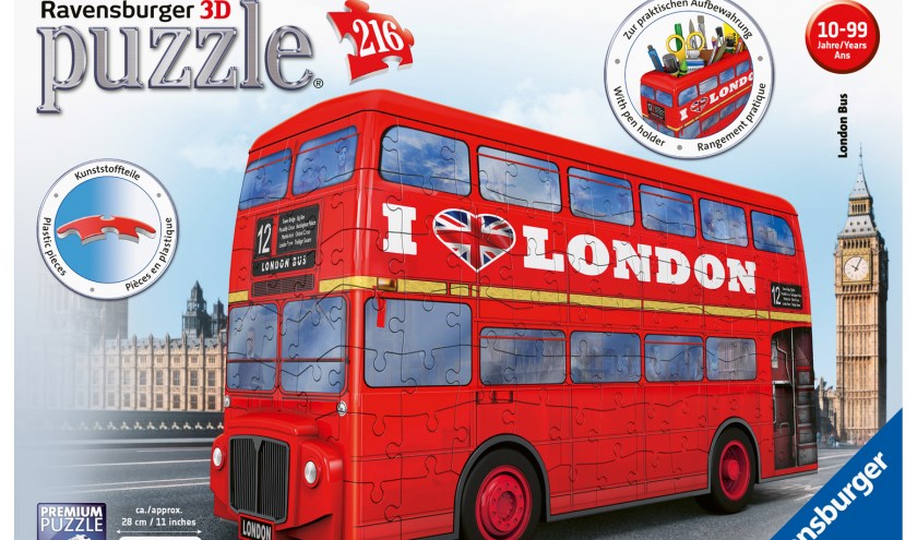 De 3D puzzel van de bekende Londense, rode dubbeldekker bus.