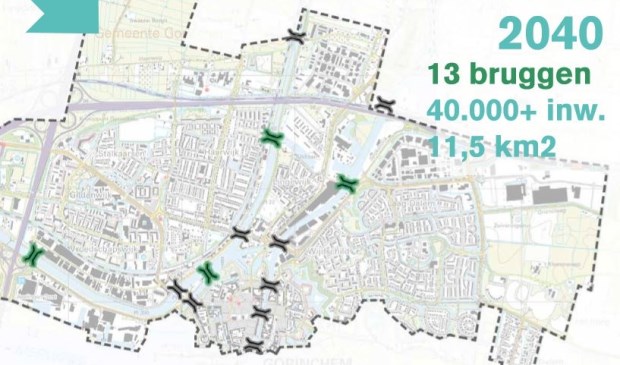 De groene markeringen geven de plek van nieuwe bruggen aan