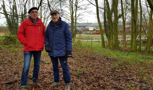 Nico de Haan (rechts) en Jan Ruijgrok zijn opgetogen over de vondst van een dassenburcht