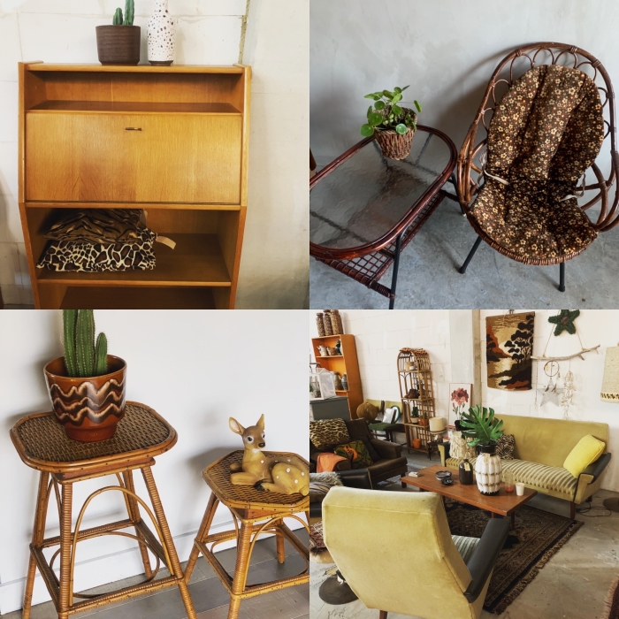 Retro kast, rotan, rieten krukjes en kijkje in de winkel
