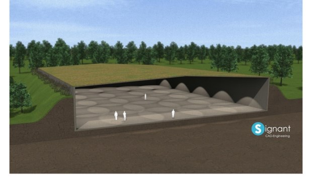 Ontwerp van de verzonken, groene sporthal in Park Schothorst.