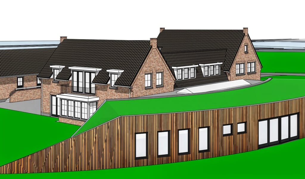 Impressie van de nieuwbouw van het Kinderhospice, het halfronde gebouw aan de voorkant, met een groen dak.