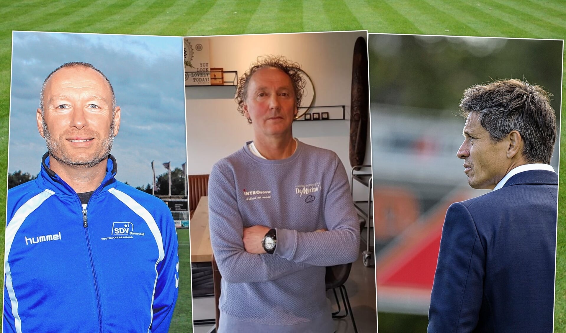 De voetbaltrainers Johan de Man (links), Jan Gaasbeek (midden) en Hans van Arum hebben nog geen nieuwe club gevonden.