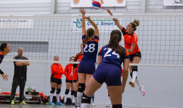 <p>SDS-aanvalster Michelle Deenekamp passeert het Avior-blok. SDS won de wedstrijd met 3-1</p>
