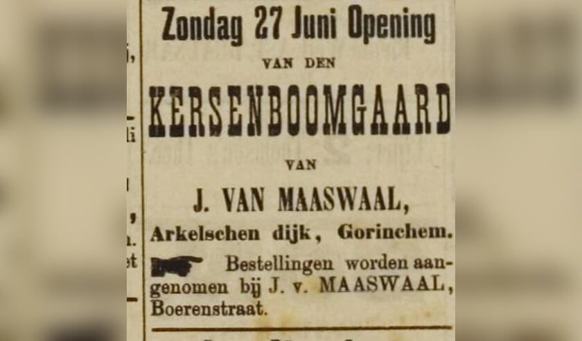 Advertentie uit 1897 over de kersenboomgaard aan de Arkelsche dijk