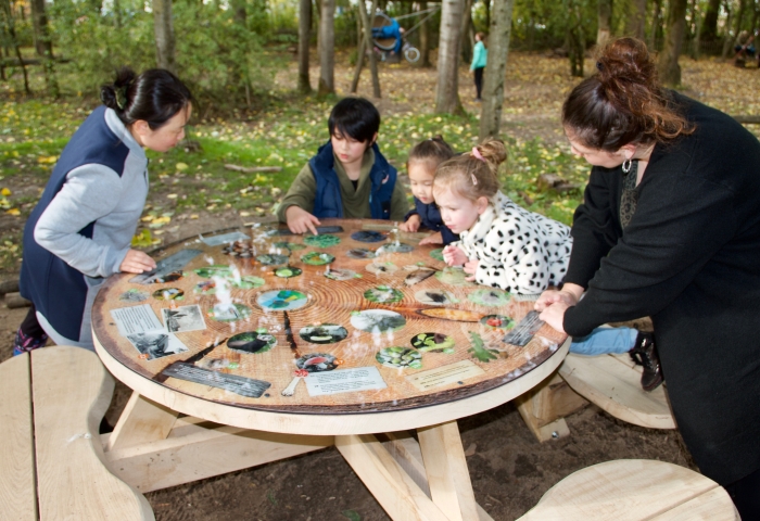 Kinderen bekijken de nieuwe natuurtafel.