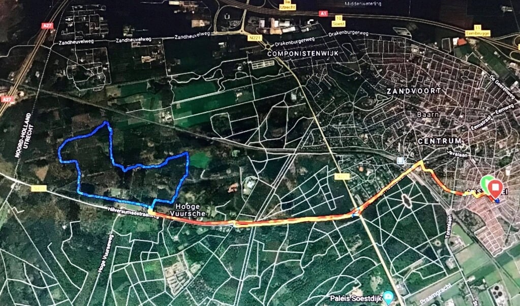 De Route via de Satelliet (Blauw is de wandeling)