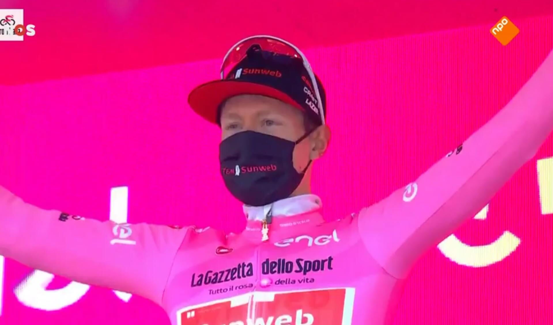 Wilco Kelderman, toen hij vorig jaar de roze trui droeg bij de Giro d'Italia.