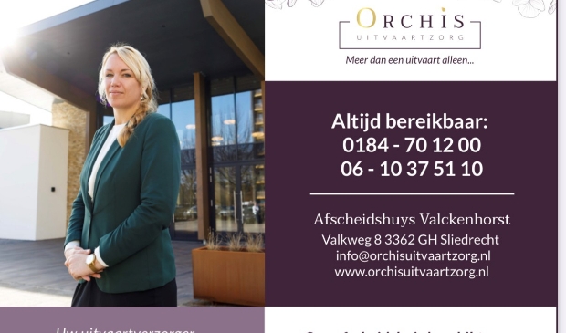 <p>Orchis Uitvaartzorg<br>Afscheidshuys Valckenhorst<br>Valkweg 8<br>3362 GH Sliedrecht<br>0184-701200, 06-10375110<br><a href="mailto:info@orchisuitvaartzorg.nl">info@orchisuitvaartzorg.nl</a><br>www.orchisuitvaartzorg.nl</p>