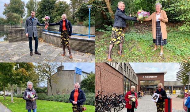 <p>De wethouder bedankt de vier bewoners met een bloemetje voor het aanbrengen van de groene ideeën. Linksboven de heer Breukel, rechtsboven mevrouw Kramer, linksonder mevrouw van Riel en rechtsonder mevrouw Teunissen. </p>