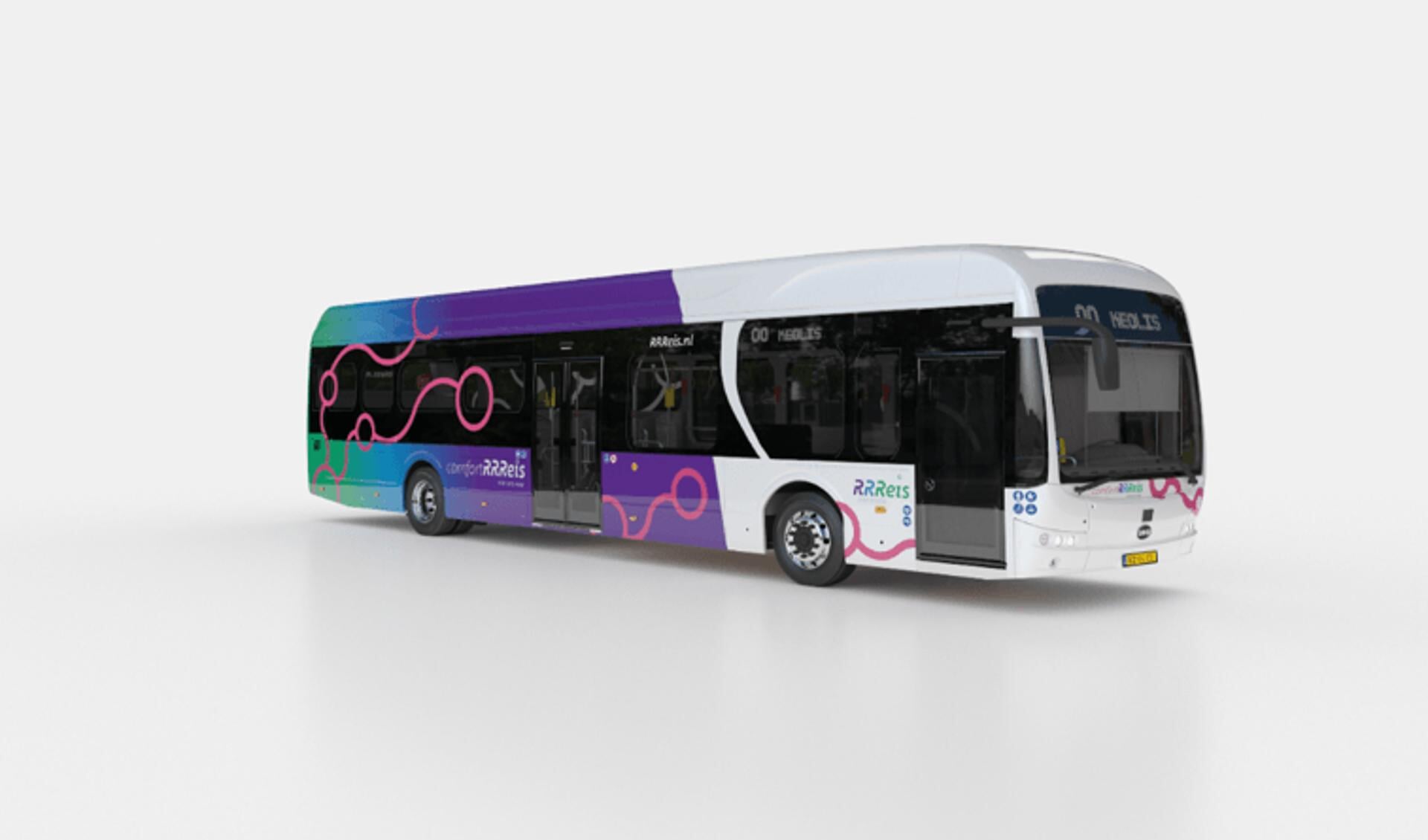 De RRReis bussen kennen twee uitvoeringen: een ‘standaard’ variant (wit) voor de reguliere stads- en streekbussen en een Hoogwaardige Openbaar Vervoer variant (rechts) voor de Comfort bussen (paars-wit).