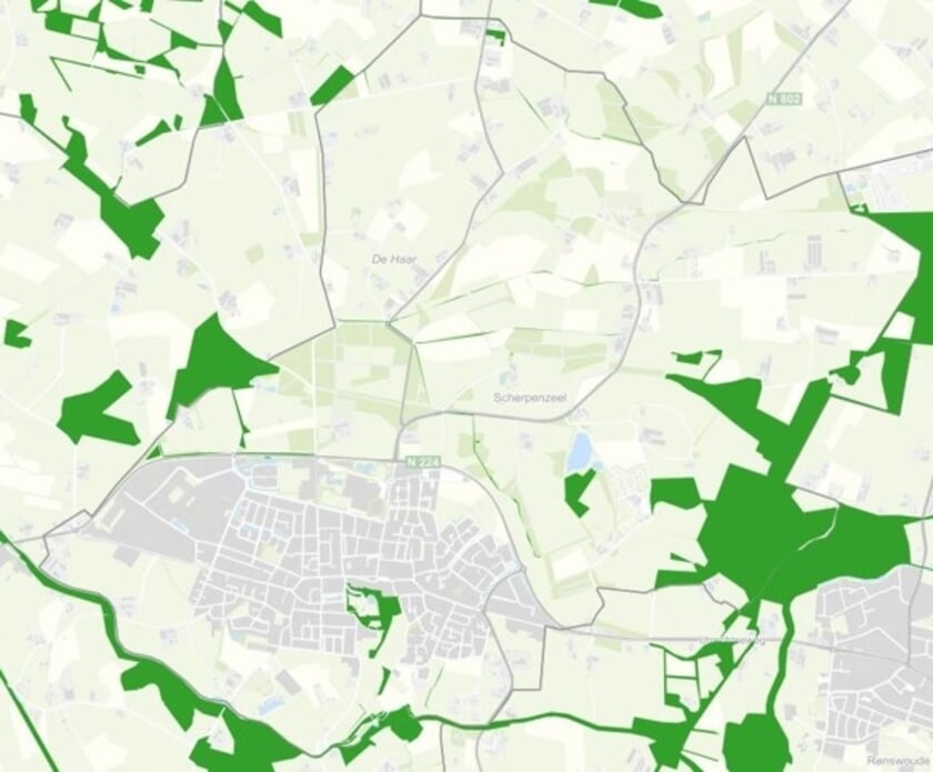In het groen worden de locaties voor zonnevelden aangegeven