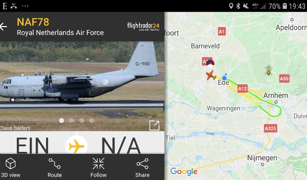 Het Hercules C-130 vliegtuig, zeer vaak op oefening boven Ede, met gevlogen route.