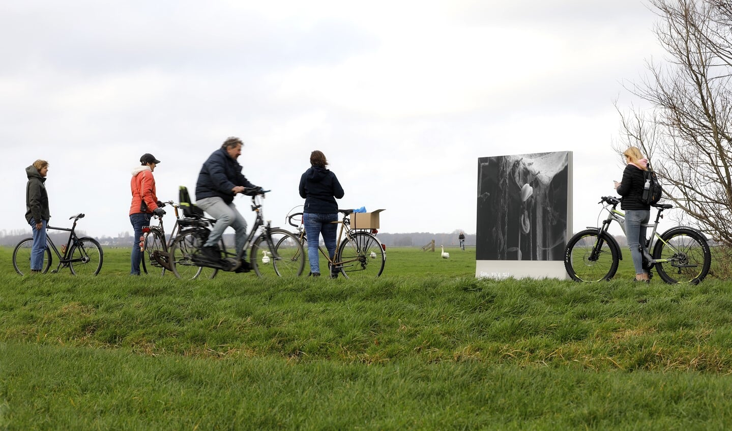 Fietsers bij één van de fotopanelen in het waterrijke gebied tussen Leiden en tulpendorp Roelofarendsveen.